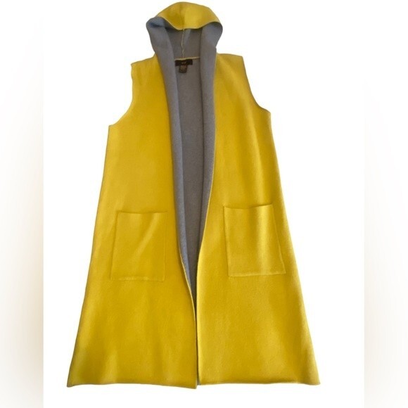Cardigan Sweater by Rain Yellow & Grey long Hooded sleeveless Pockets NWOT Lg - Picture 5 of 8